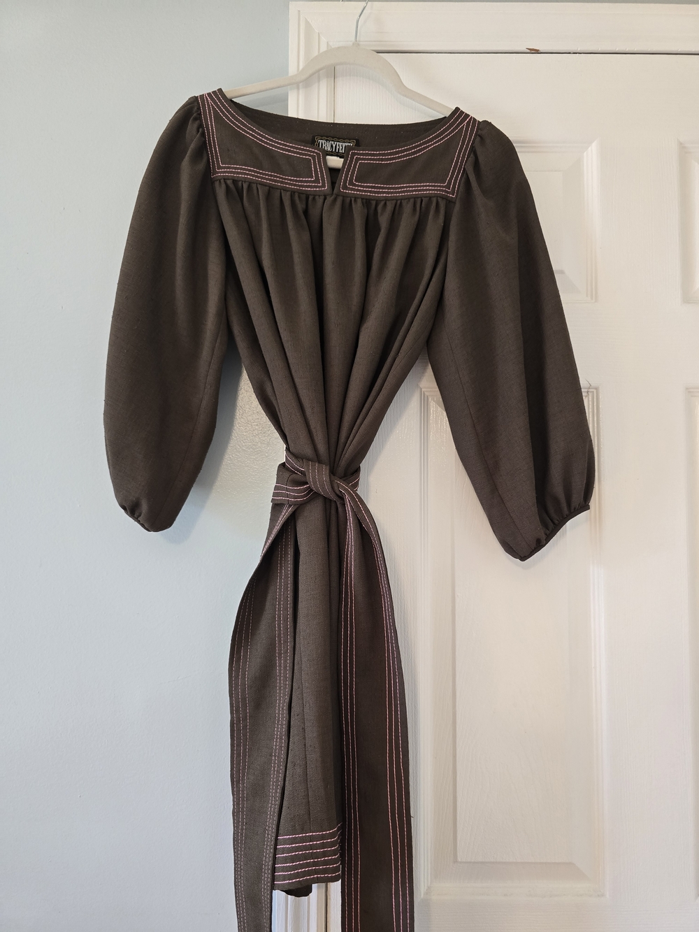 Tracy Feith Brown Dress with Pink Topstitching